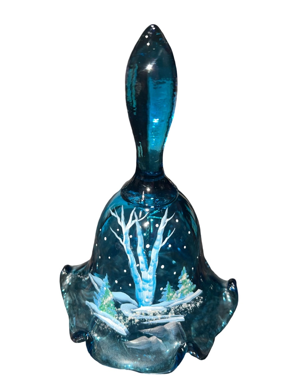 Fenton Art Glass Blue Silver Birch Winter Scene bell  Signed By D Robinson